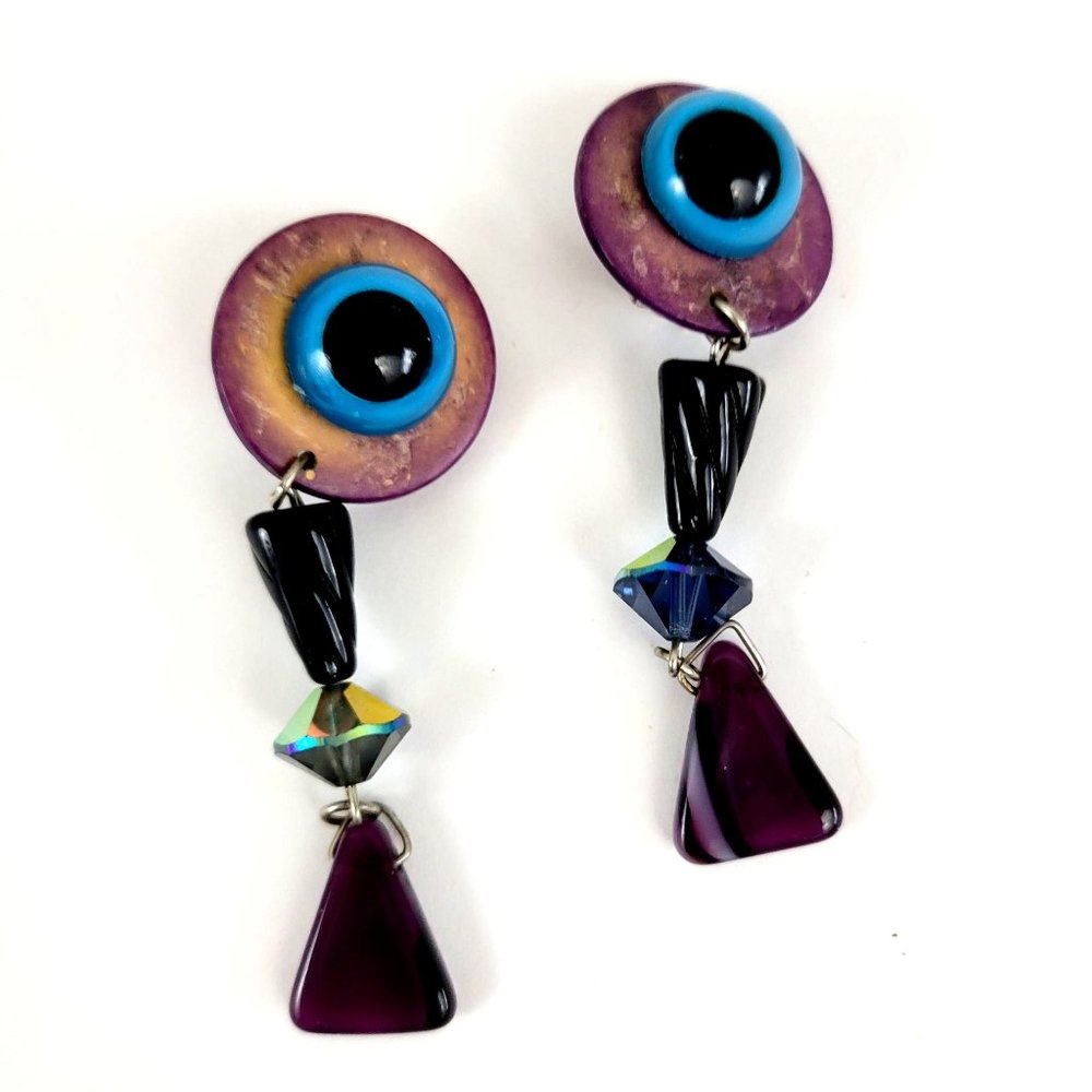 Blue Black Cabochon on Disc w/Dangling Beads Vintage Clip On Earrings